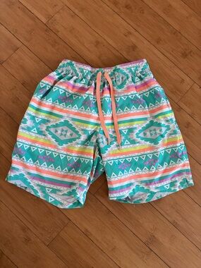 chubbies Teal Aztec-Pattern Athletic Shorts with Coral Drawstring